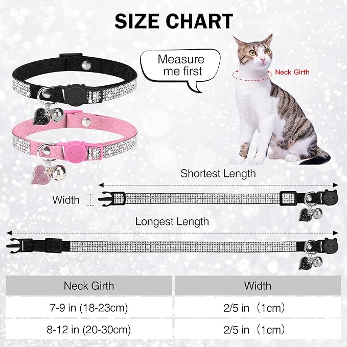 Rhinestone Cat Collar Breakaway with Bell, Diamond Cat Collar with Safety Buckle Quick Release for Girl Boy Small Kitten Pets Puppy,Cute Soft Female Male Cat Collars, Color Pink & Black 7-9"
