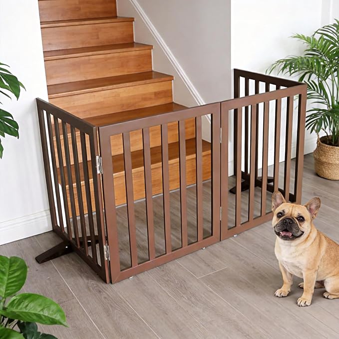 ZJSF Freestanding Indoor Dog Gate for House Foldable Wood Puppy Gate for Doorways Pet Gate for Stairs Extra Wide Pet Fence, Brown, 32" Height 2 Panels