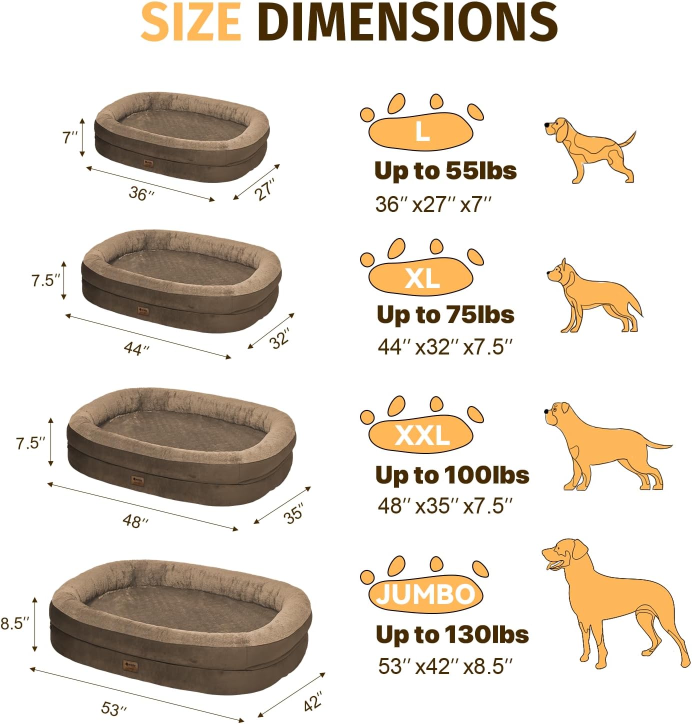 Orthopedic Waterproof Large Dog Bed: Memory Foam Washable Dog Bed with Bolsters - XXL Orthopedic Removable Cover for Medium Large Sized Pet - Non-Slip Bottom - Coffee