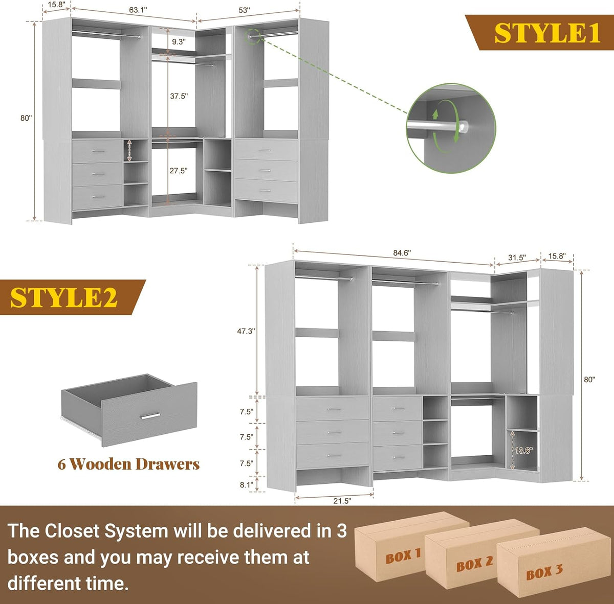 Aheaplus Closet System with 6 Drawers, 4 Hanging Rods & Corner Tower, Corner Closet System with Hanging, 84.6" L-Shaped Walk-In Wardrobe Organizer, 2000+ lbs Capacity, Set of 3, Grey