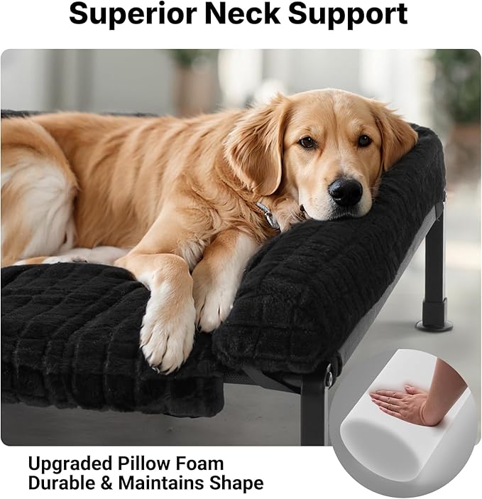 Veehoo Elevated Dog Bed Large Sized with Fluffy Plush Bolster Cushion, Washable Orthopedic Dog Couch Bed, Cooling Raised Pet Cot with Removable Mat, Breathable Mesh, No-Slip Feet, 48x 37 inches, Black