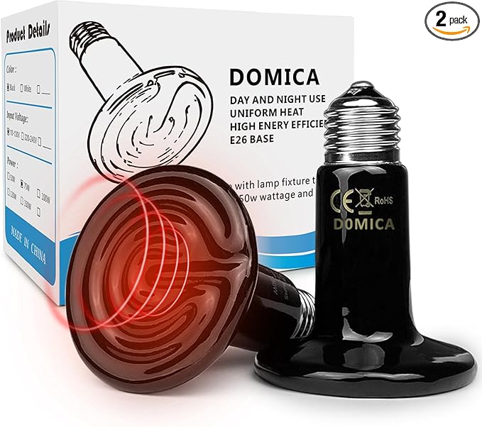 DOMICA Reptile Heat Bulb 50 Watt 2PC, Ceramic Heat Emitter Heat Up Fast, E26 No Light Night Use Heating Bulbs for Beared Dragon, Turtle, Lizard, Snake, Pet Brooder Coop Chicken (50W-Small Tank)