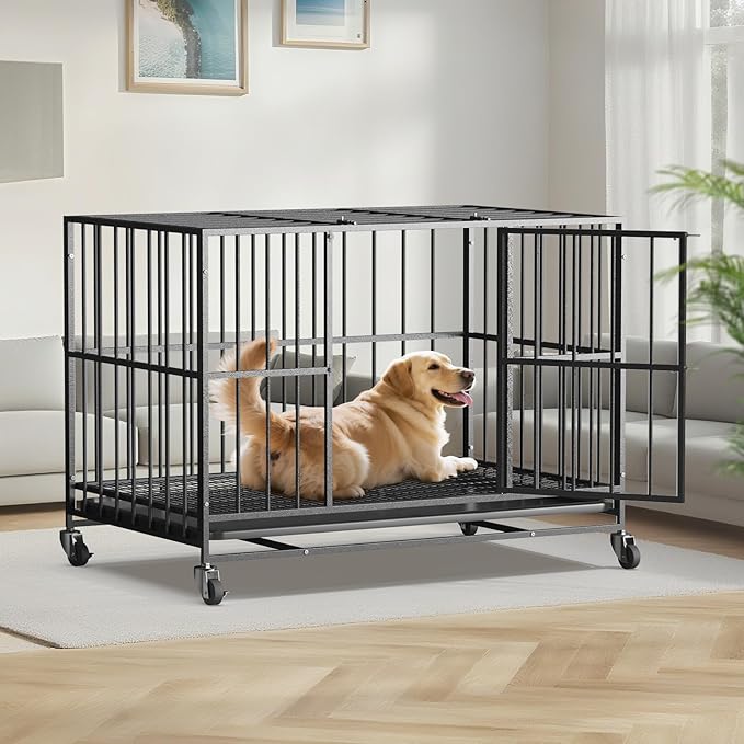 38 Inch Heavy Duty Dog Crate Steel Escape Proof, Dog Kennel Indoor Double Door High Anxiety Cage, Removable Tray, Crate with Wheels,XL