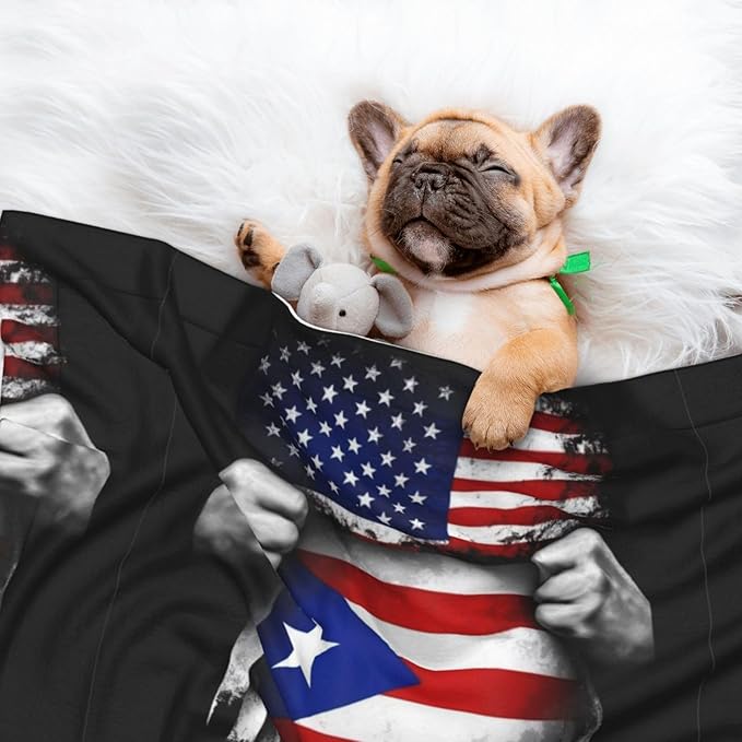 Pet Blanket for Travel and Home, American Puerto Rico Flag Pull Apart Black, Reversible Plush Dot Design with Soft Grip Texture on One Side Perfect for Car Seats Moving Vehicles
