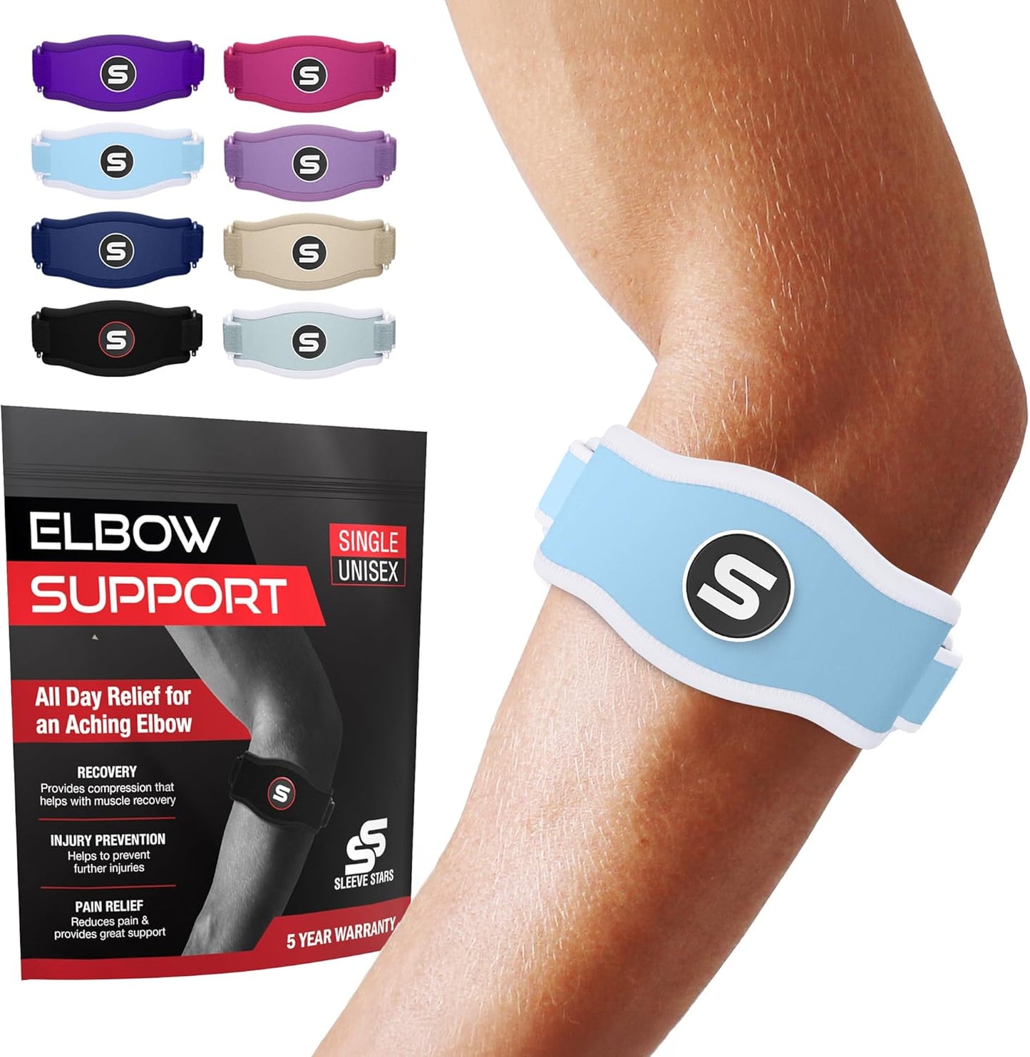 Sleeve Stars Tennis Elbow Brace for Men & Women, Tendonitis Elbow Brace & Strap Golfers Elbow Brace Counterforce Band for Tendon Pain Relief & Support for Forearm w/ 3 Straps Fits 9-23" (Pair/Light Blue)
