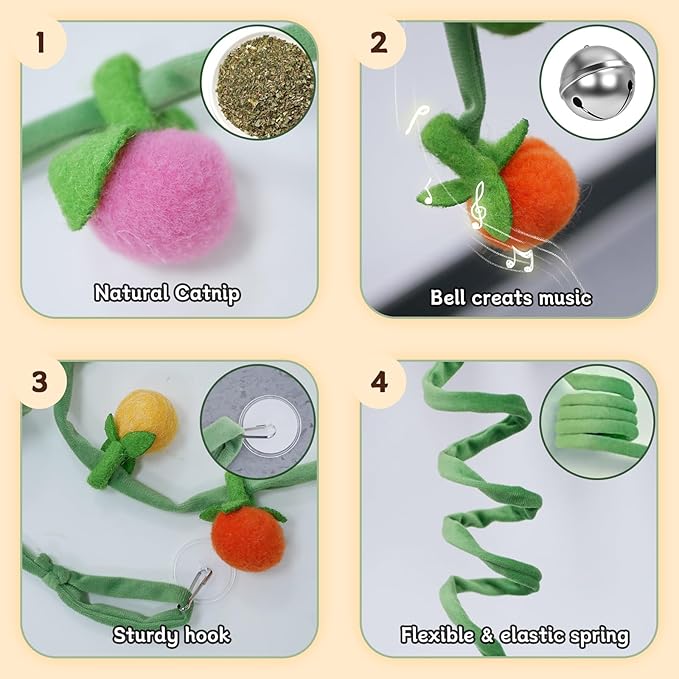 Durable Cat Toys with Catnip, Self-Play Hanging Kicker Toy for Indoor Cats, Interactive Window/Door Mount Design with Bell & Spring for Kittens and Adult Cats