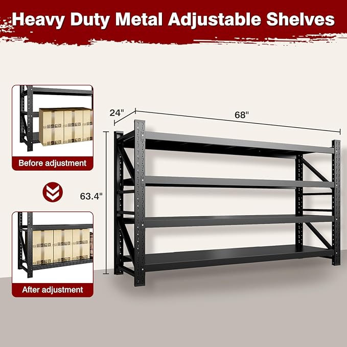 8000LBS Metal Steel Storage Shelves - 68" W Black 4 Tier Heavy Duty Rack Commercial Industrial Shelving with Adjustable Shelf for Basement Garage Warehouse - 68" W x 24" D x 63.4" H