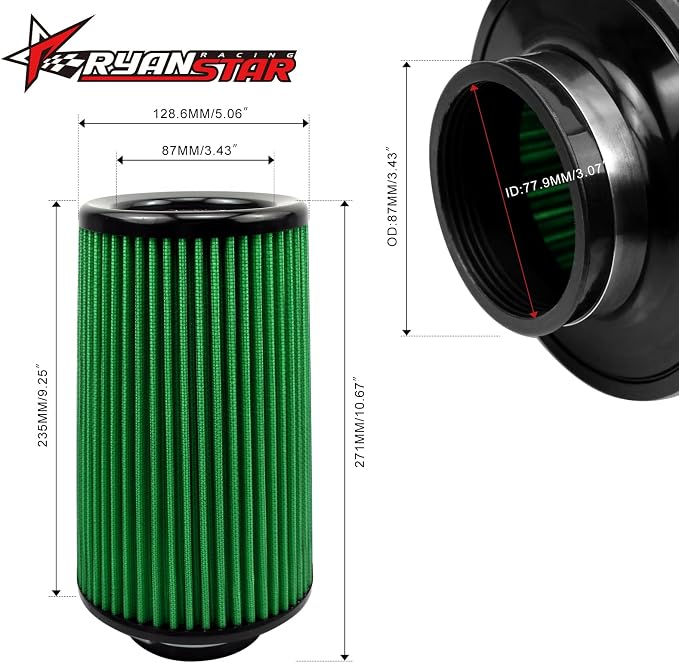 RYANSTAR RACING 76mm 3" High Flow Round Tapered Cone Cool Air Filter Cleaner