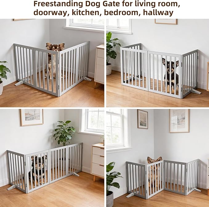 ZJSF Freestanding Indoor Dog Gate for House Foldable Wood Puppy Gate for Doorways Pet Gate for Stairs Extra Wide Pet Fence, Grey, 24" Height 4 Panels