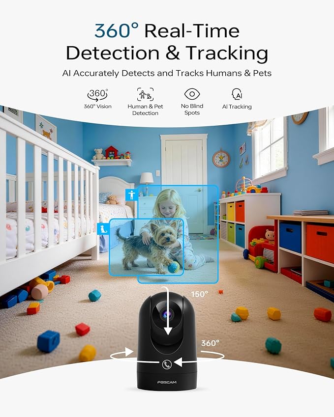 FOSCAM 4K Indoor Camera, Full Space Sense WiFi Camera with 360° Radar Auto-Tracking Baby & Pet Camera - No-Blind-Spot View, One Touch Call, Human/Motion/Sound Detection, Compatible with Alexa (Black)