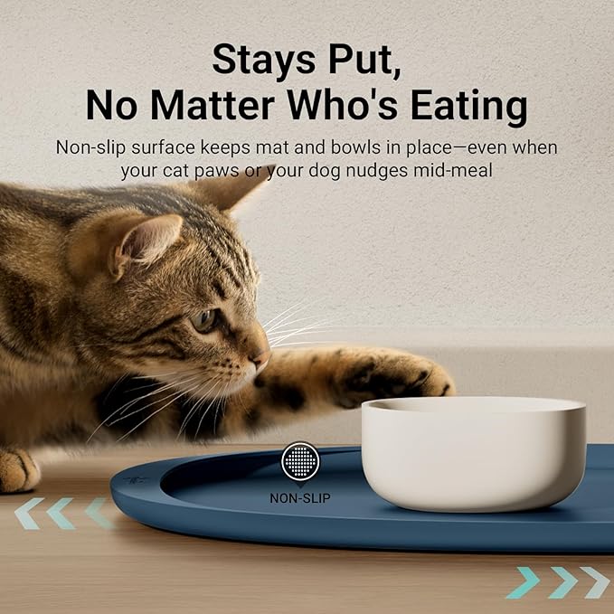 DownyPaws Cat Food Mats for Floors Waterproof, BPA Free Silicone Pet Feeding Mat, Non-Slip Pet Food Mat with High Raised Edge, Cat Placemat for Messy Drinkers, 18"×12.5", Ocean