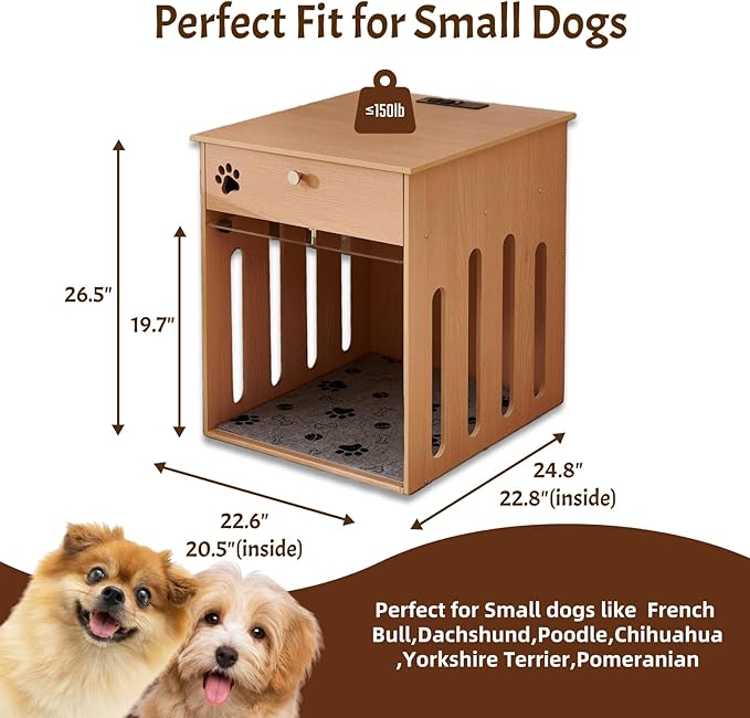 26 Inch Dog Crate Furniture for Small Dogs as Sofa Side Table with Flip-Up Acrylic Door, Storage Compartment & Charging Station