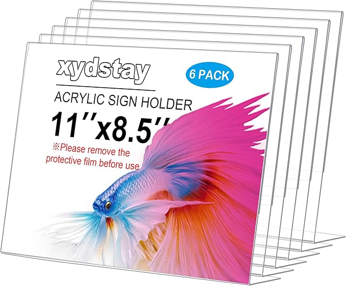 6pack Acrylic Sign Holder Horizontal, 8.5x11 for Picture Frames, L Shape Clear Plastic, Plastic Sign Holder, Table Sign Holder, Unbreakable Menu Holder for Restaurant, Office, School, Store and Home Use