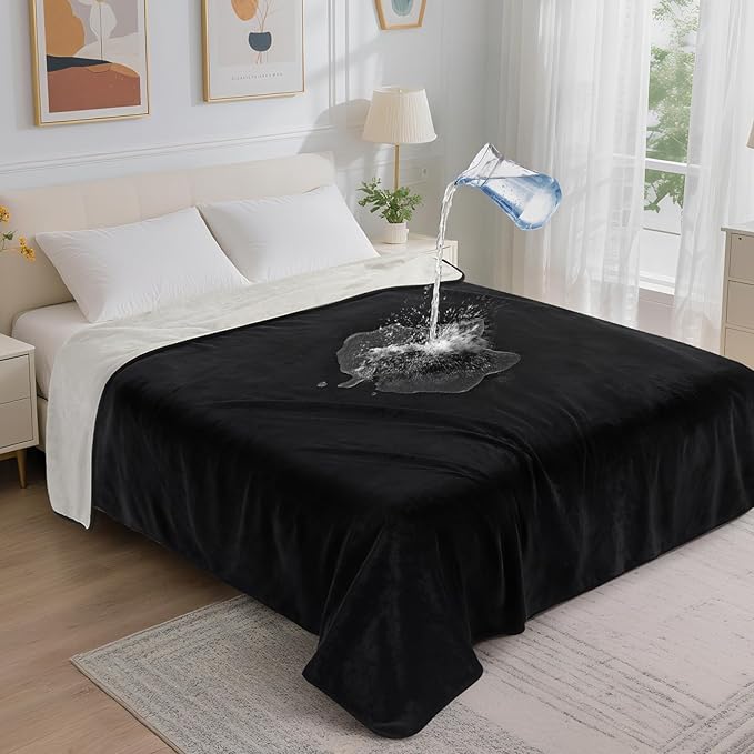 LOOBANI Waterproof Blanket for Bed: Reversible Soft Flannel King Size Bed Blanket 85" x 108", Waterproof Dog Blankets for Large Dogs, Spill-Proof Cover for Furniture Protection, Black & Beige