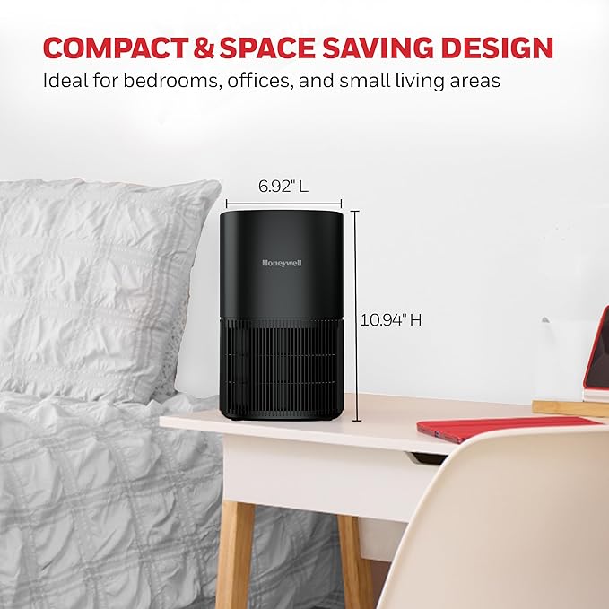 Honeywell Allergen Plus Compact HEPA Small Room Air Purifiers for Home, Up to 530 Ft² Coverage, 3-in-1 Filter, Pet Dander, Smoke & Odor Reducer Air Quality Sensor with Auto Mode, Black, HPA125B