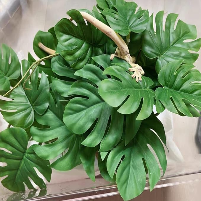 Reptile Plants for Terrarium Decor, Amphibian Habitat Decor, Snake Tank Accessories, Artificial Hanging Plants with Suction Cup-2 Packs (Fake Monstera)