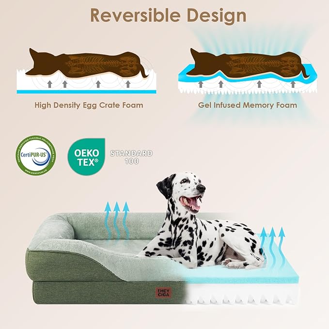 EHEYCIGA Orthopedic Dog Bed for Medium Dog, 30x20x6.5 Inch Memory Foam Dog Couch Bed with Sides, Waterproof Liner & Washable Removable Cover, Bolster Pet Sofa, Green