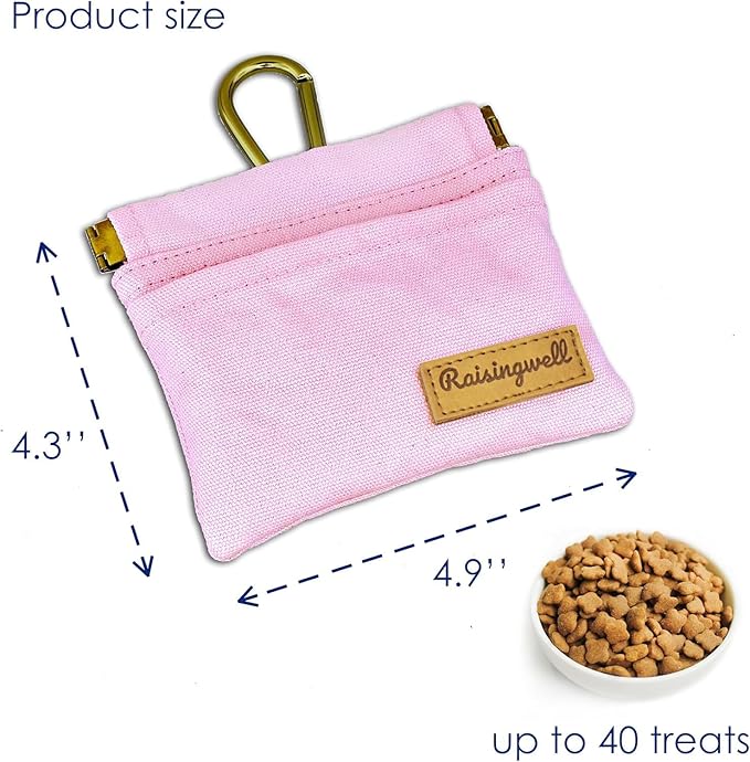 Pocket Sized Pet Training Pouch, Cotton Fabric, Hand Free Dog Walking Bag with Carabiner Self-Closing Pet Feed Snack Reward for Puppy Travel or Outdoor Use (PINK)