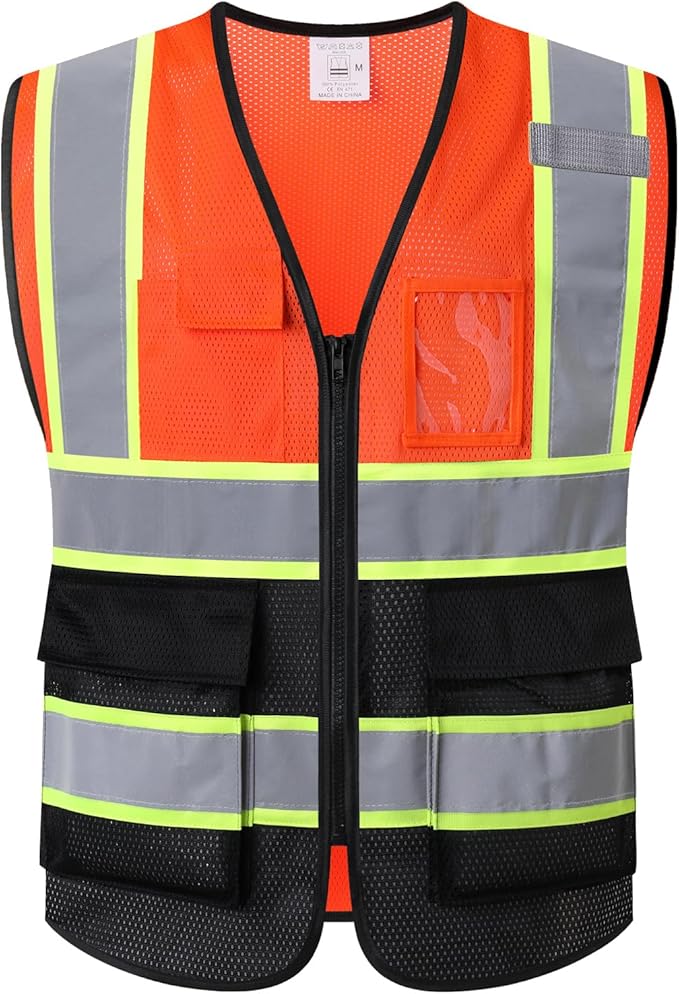 Reflective Mesh Safety Vest for Men Women with 5 Pockets and Zipper Front High Visibility Mesh Vest Hi Vis Construction Work Vest,Meets ANSI/ISEA Standards(EK175-Orangeblack-XL)