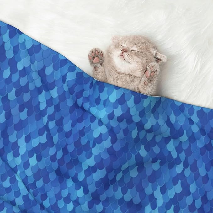 Double Sided Plush Pet Blanket with Cozy Dot Texture and Smooth Reverse, Blue Mermaid Scales, Reversible Throw for Dogs Cats on Couches Beds Crates