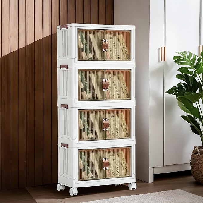 4 Tier Plastic Stackable Storage Bins and Boxes Organizer, Foldable Containers, Stackable Closet Organizers, Collapsible Boxes, White (4 Tier, 25.8″)