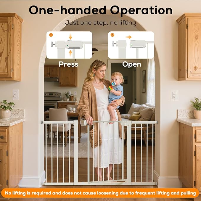 29.5-40.6" Magnetic Baby Gate for Stairs, Pressure Mounted Dog Gate Indoor, Auto Close Pet Gate for Doorways No Drilling, Easy Install Baby Essentials with Large Walk Thru Door, White
