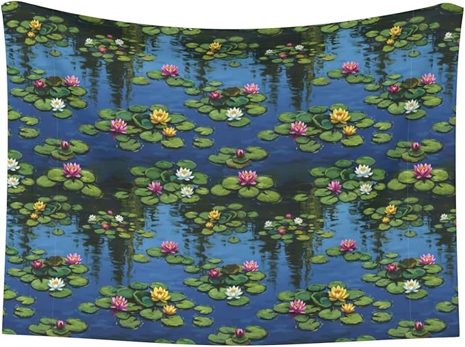 Reversible Plush Throw for Dogs and Cats, Water Lilies Monet Painting, Double Sided Blanket with Nubby Dot Side and Sleek Side Ideal for Cuddling Nesting Security