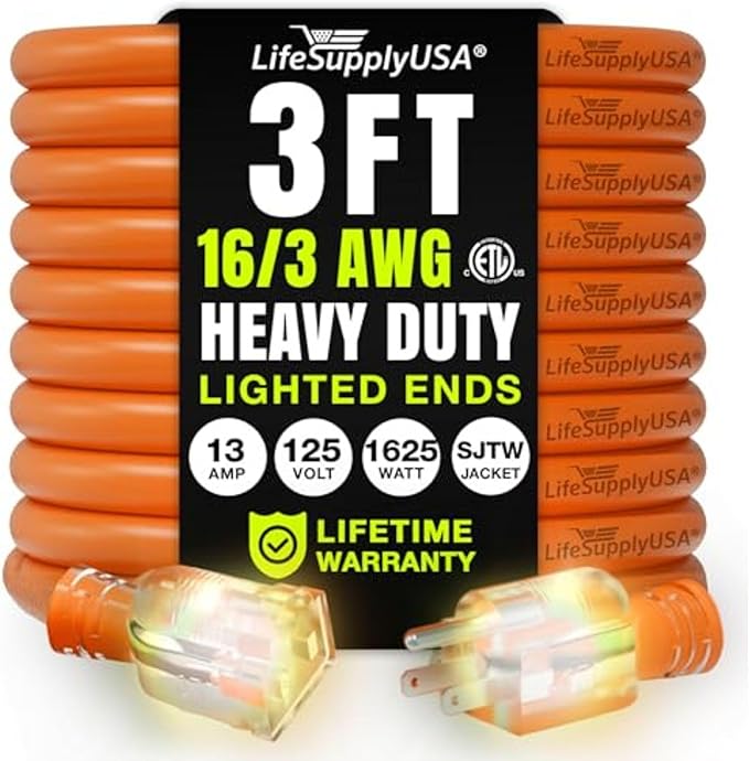 3ft Outdoor/Indoor Extension Cord 16/3 Gauge Heavy Duty 3 Prong SJTW, Waterproof, ETL Listed, Flexible Cold-Resistant Long Power Cord,13A 125V 1625W, Orange by LifeSupplyUSA