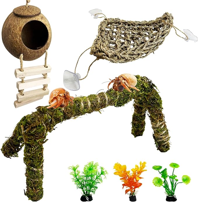 6 PCS Hermit Crab Accessories Set Large Bendable Moss Hermit Crab Climbing Toys Coconut Shell Hut with Ladder Climbing Hammock with Suction Cup Plants for Reptile Amphibian