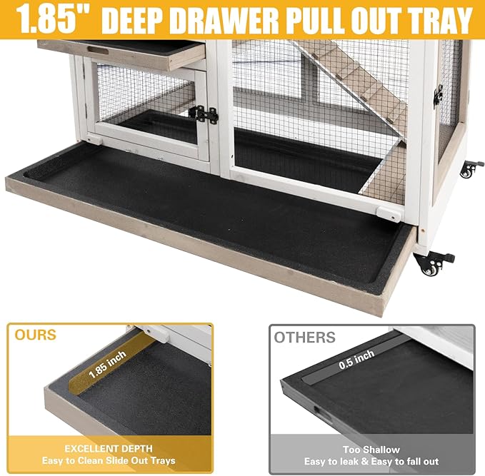 40" L Rabbit Hutch Indoor Wooden Bunny Hutch Outdoor 2 Story Rabbit Cage on Metal Wheels with Run and 2 Deeper Pull Out Trays Guinea Pig Pet House for Small Animals