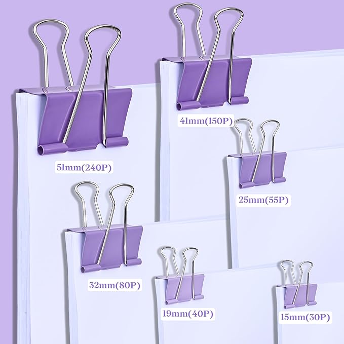 Temiary Aesthetic Binder Clips, 24 Pcs 1.6 Inches Small Metal Binder Clip with Clear Storage Container, Binding Paperwork Clamps for School Teachers Office Supplies (Purple)