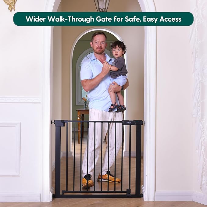 BABELIO Baby Gate for Doorways and Stairs, 31-36" Pet Gate with Wide Walk Thru Door and Lock Indicator, No Drill Pressure Mounted Safety Gate with Double Lock and Self-Closing, Black