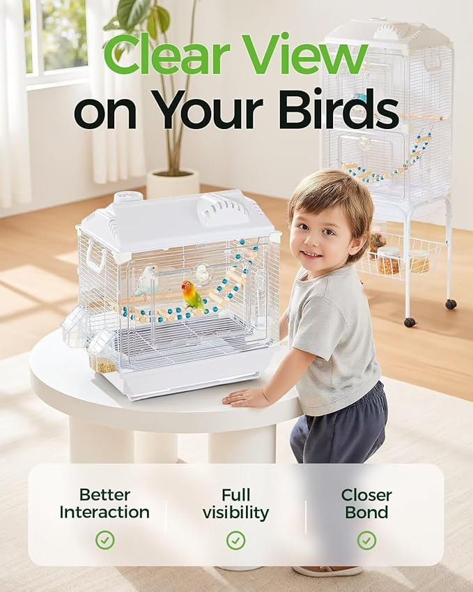 Clear View Bird Cage, Indoor & Travel Small Birdcage for Parakeet, Parrot, Budgies, Cockatiels, Canary |Easy Clean Safe Materials|