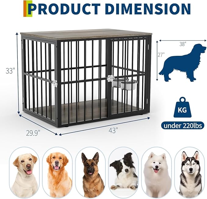43 Inch Indoor Dog Crate End Table Furniture with Double Doors, Wooden Pet Cage Side Table, Heavy-Duty Dog Kennel for Medium and Large Breeds