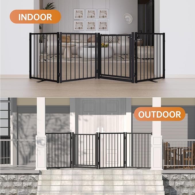 Full Metal Freestanding Dog Gate with Door, 24'' Height Foldable Pet Dog Fence for Indoor & Outdoor, 4 Panels Extra Wide Free Standing SmallDog Gates for Doorways,House,Stairs,Porch,Deck,Yard