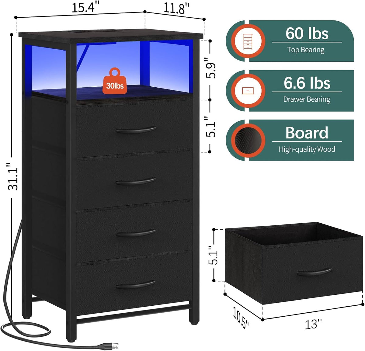 Yoobure Night Stand - Black Nightstand with Charging Station, Small Dresser