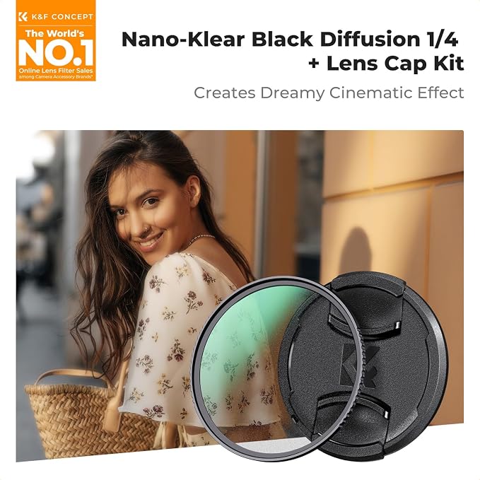 K&F CONCEPT 40.5mm Black Diffusion 1/4 Filter + Lens Cap, Mist Cinematic Effect