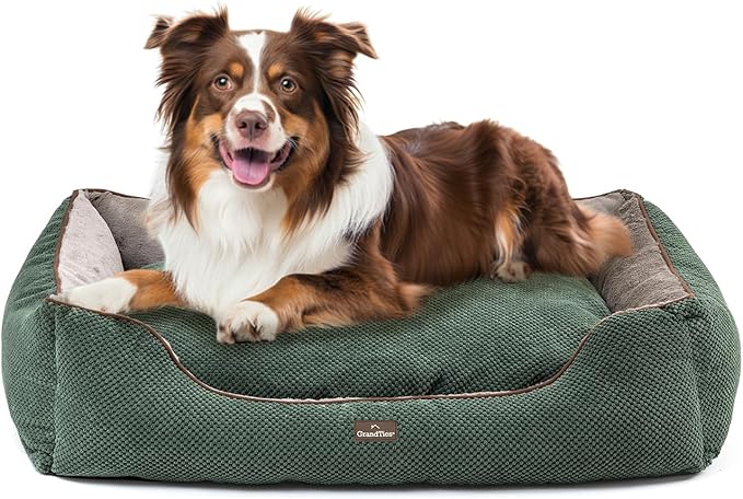 GRANDTIES Fluffy Dog Beds for Small Medium Large Dogs & Cats, Machine Washable Dog Bed, Rectangle Breathable Soft Calming Sleeping Warming Pet Beds with Waterproof & Non-Slip Bottom (XL 40", Olive)