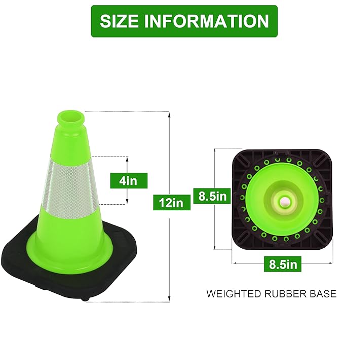 OrangeStar 8 Pack 12" Green Traffic Safety Cones, PVC Parking Construction Cones w/Reflective Collar, Heavy Duty Base for Driving Practice, Parking Lots and Roadwork