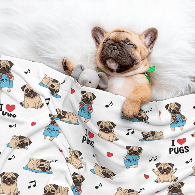 Two Sided Pet Cuddler Blanket for Anxiety Calming, Cute French Bulldog with Hearts, Reversible Plush Design with Bubble Dot Pattern Provides Familiar Surface Anywhere