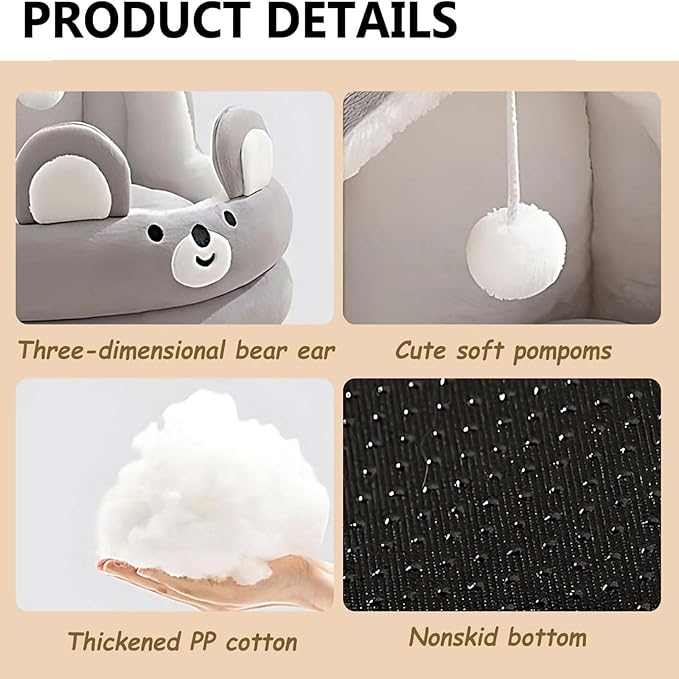 Cat Bed for Indoor Cats, Dog Bed with Anti-Slip Bottom, Rabbit-Shaped Cat/Small Dog Cave with Hanging Toy, Puppy Beds with Removable Cotton Pad, Super Soft Calming Pet Sofa Bed (Brown, Medium)
