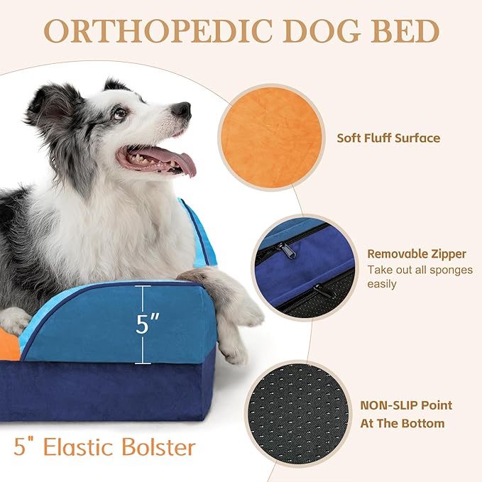 Comfort Expression Orthopedic Dog Bed for Extra Large Dogs 42x30 Inch, Waterproof Egg Crate Foam XL Pet Bed with Removable Bolsters, Dog Couch with Washable Cover & Non-Slip Bottom, Golden Harbor
