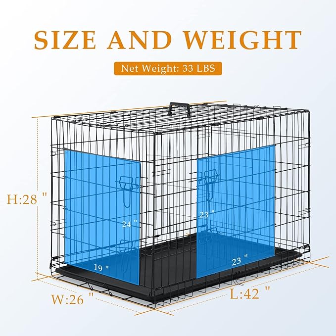 Large Dog Crate 42 Inches Double Door Pet Crate Folding Metal Wire Dog Cage with Divider Panel Leak-Proof Plastic Pan Indoor Outdoor Pet Crates for Medium and Large Breed Pet Animals Black