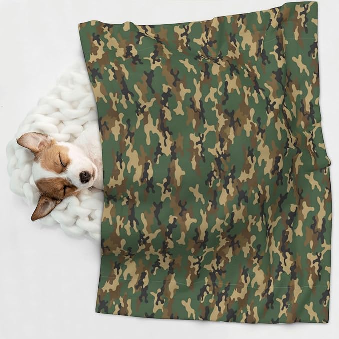 Reversible Plush Pet Blanket for Puppies Kittens, Green Camouflage Army Camo, Double Sided Gentle Dot Texture for New Pets Adjusting to Home Environment Softly