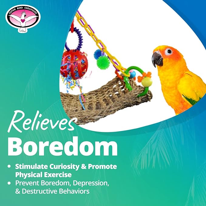 Super Bird Creations SB748 Flying Trapeze Bird Toy for Conures, Quakers, Cockatiels, Parrots, Senegals, Multi-Colored Chain, Seagrass Mat, Enrichment Toy - Medium Bird Size, 14" x 13" x 12"