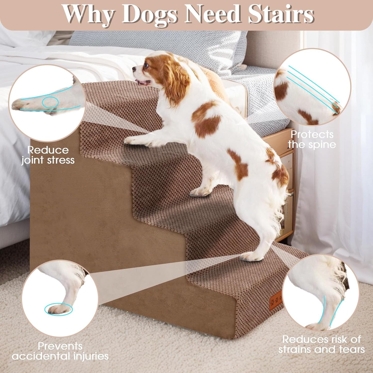 GGIB Dog Stairs for Small Dogs Cats Non-Slip Dog Steps for High Bed Pet Stairs for Sofa Couch Pet Ramp Pet Steps with Removable Washable Cover, Brown, 17" H, 4-Step