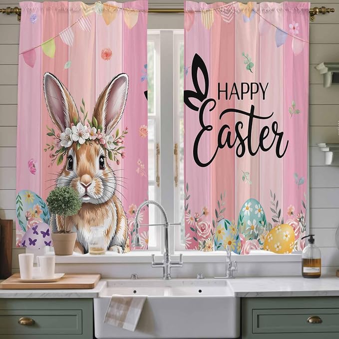 Easter Kitchen Curtains, Spring Rabbit Eggs Flowers Flags Leaves Wood Grain
