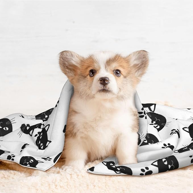 Reversible Plush Throw for Dogs and Cats, Black Cats and Cat Paws, Double Sided Blanket with Nubby Dot Side and Sleek Side Ideal for Cuddling Nesting Security