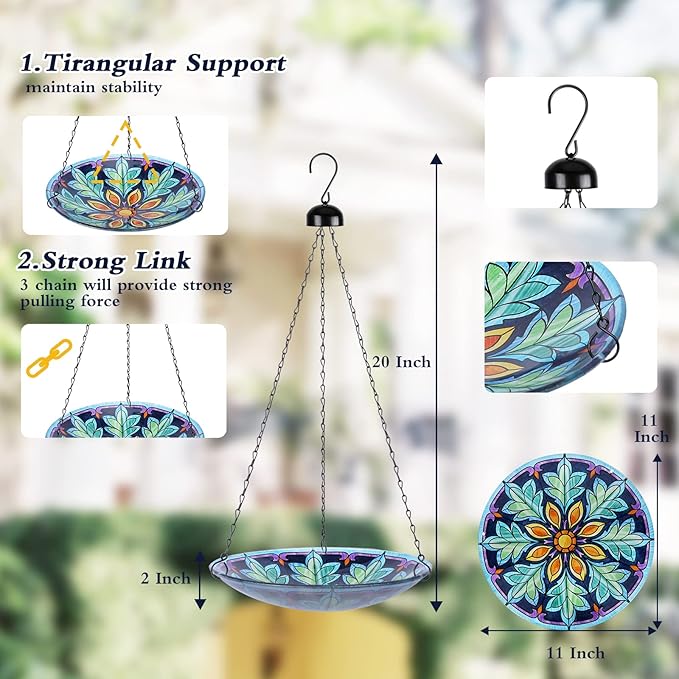 MUMTOP Hanging Bird Bath - Bird Baths for Outdoors, 11 Inch Glass Bird Bath Bowl Outdoor Bird Feeders for Garden Yard and Patio Decor