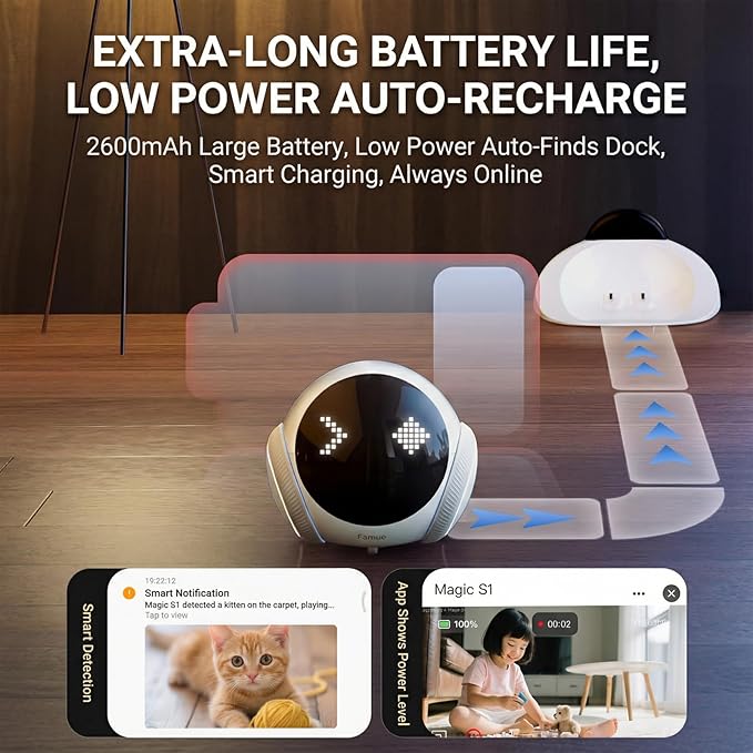 Denash Robot Camera on Wheels,1080P Movable Indoor Camera with Remote Interaction, 2 Way Talk, Night Vision, Motion Detection, Auto Recharge, APP Control Home Security Cam for Pet, Elderly, Baby